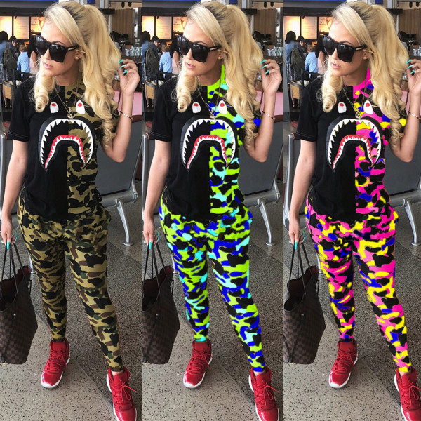 Fashion trend shark mouth camouflage color matching printing two-piece suit MR2055