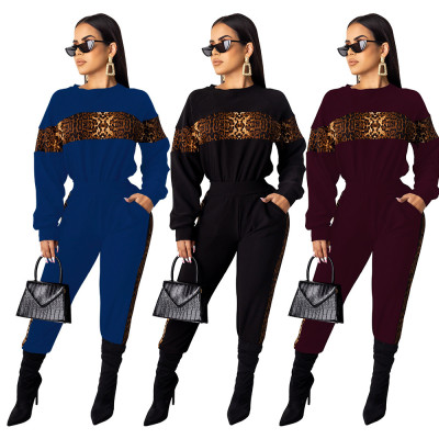 Leopard Printed Patchwork Casual Female Polyester Sets MD269