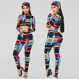Crop Top Skinny Pants Colorful Printing Suits With Kerchief LS6185