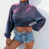 Sparkling High Round Neck Long Sleeves Zipper Crop Tops LQ3635W11
