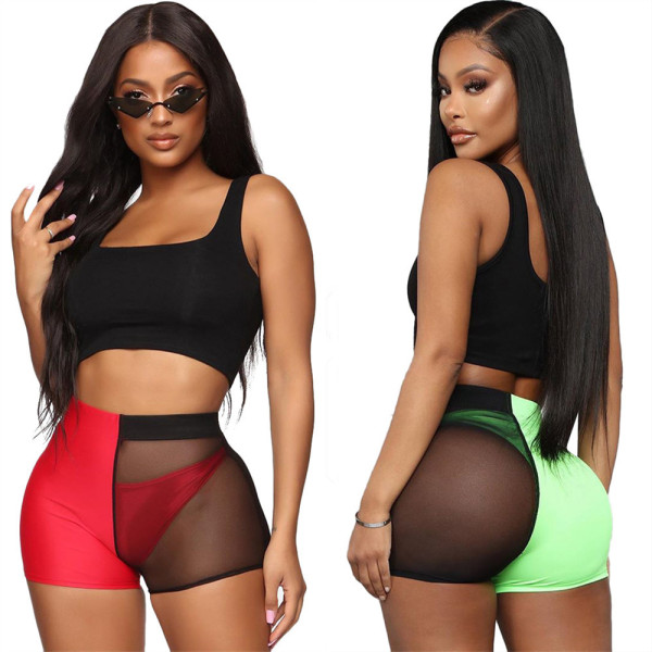 Black Tank Top Color Block Shorts Solid Panty 3 Pieces Slim Sets LS6278