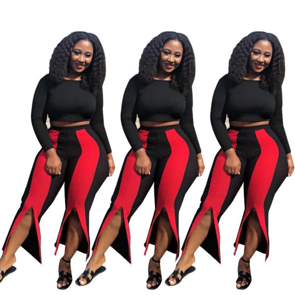 Black Long Sleeve Top Contrast Color Split Flare Pants OEP8022