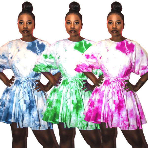 Fashion Long Sleeves Tie Dye High Waist Pleated Dress X9196