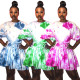 Fashion Long Sleeves Tie Dye High Waist Pleated Dress X9196