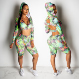 Sexy Hollow Out Hooded Crop Top Printing Mid Shorts CY1146