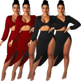 Sexy Suits Long Sleeve Crop Top Irregular Midi Skirt AMM6510