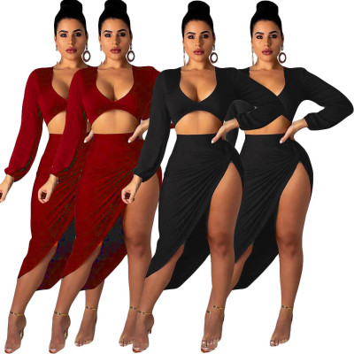 Sexy Suits Long Sleeve Crop Top Irregular Midi Skirt AMM6510