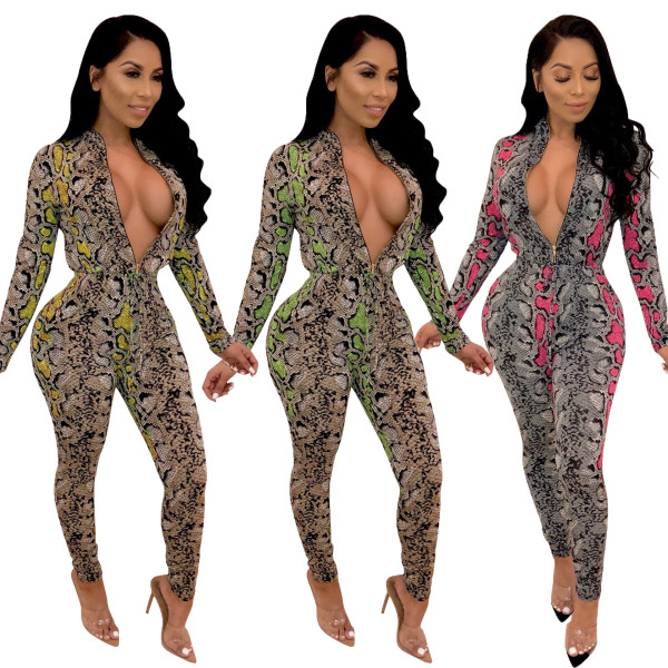 Snake Print Mature Women Slim Fitting Zip Up Jumpsuit CM647