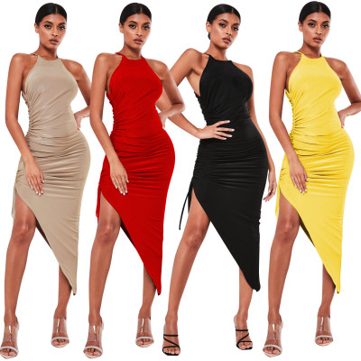 Cheap Slim Irregular Pure Color Sleeveless Pleated Dress XZ3329
