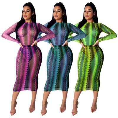 Cheap Snake Print Mesh Perspective Midi Dress SDD9095