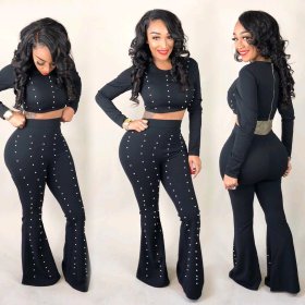 Slim Woman Crop Tops With Flare Pants Black LS6188