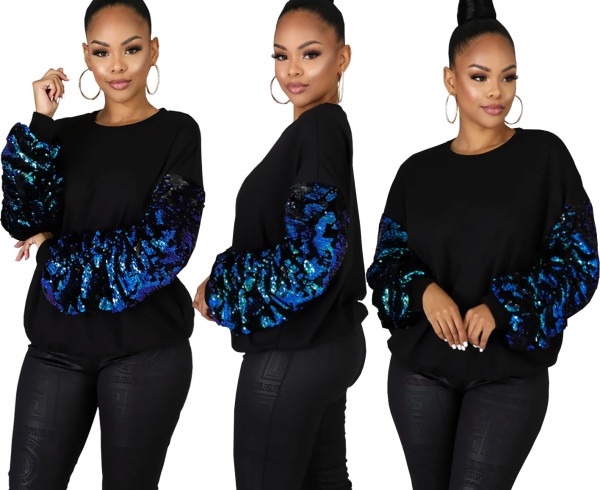 Fashionable Sequin Sleeves Patchwork Women Leisure Top HY5124