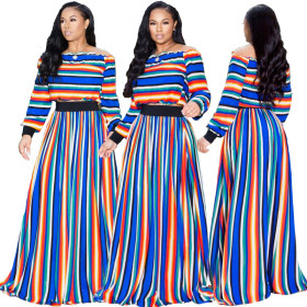Leisure Striped Long Sleeve Strapless Maxi Dress CCY8141