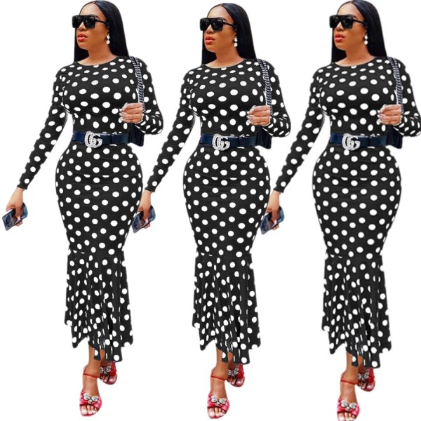 Women Casual Polka Dot Long Sleeves Bodycon Dress YMT6098