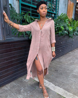 Casual Female Button Down Plain Color Shirt Dress C2033