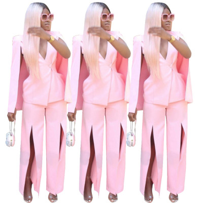 Fashion Pink Color Women Outfits With Cloak Sexy Slit Sets R6117