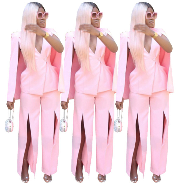 Fashion Pink Color Women Outfits With Cloak Sexy Slit Sets R6117