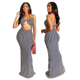 Casual Slim Bandage Midriff-Baring Stripe Long Dress BS1096