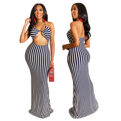 Casual Slim Bandage Midriff-Baring Stripe Long Dress BS1096