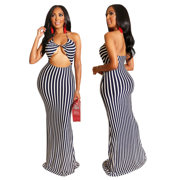 Casual Slim Bandage Midriff-Baring Stripe Long Dress BS1096