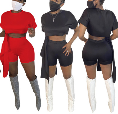 Sexy two-piece sports suit with exposed waist and solid waist OEP6168