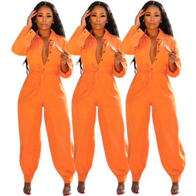 Street Style Fall Long Sleeves Casual Orange Jumpsuit E8434