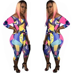 Slim Bodycon Off Shoulder Printing Mid Jumpsuit Without Belt E8277