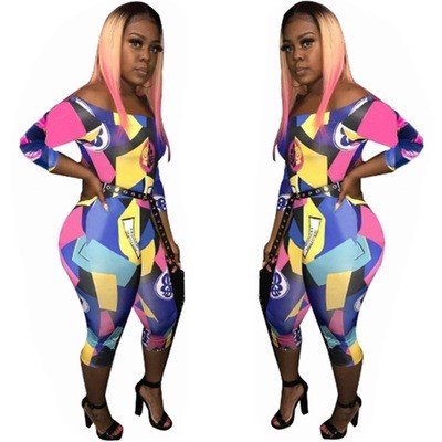 Slim Bodycon Off Shoulder Printing Mid Jumpsuit Without Belt E8277