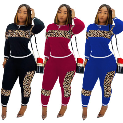 Autumn Winter Leopard Print Patchwork Casual Long Sets CM611
