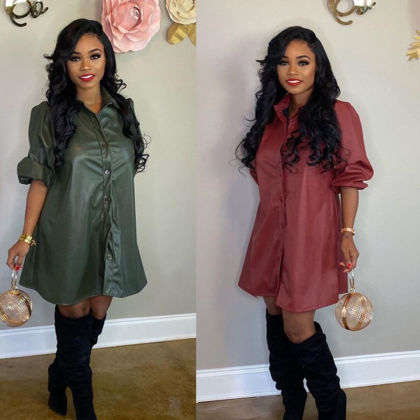 Pu Leather Plain Color Single-Breasted Loose Waist Dress BN9215
