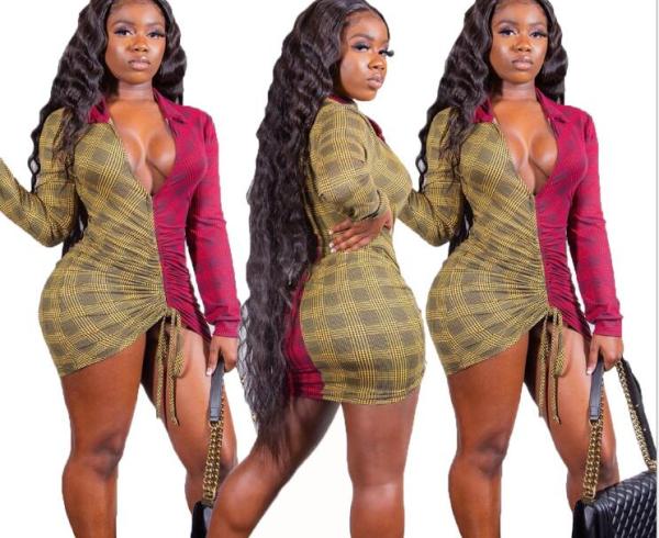 Sexy digital print color-block package hip dress nightclub YS6124