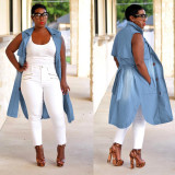 Street Style Cardigan Split Sleeveless Denim Long Coat F8234