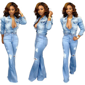 Fashionable wild wide leg washed hole denim stretch flared pants HSF2118