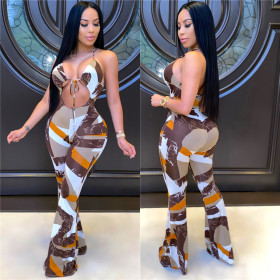 Fashion printed sexy slim halter strap jumpsuit LS6359