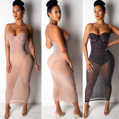 Strap strapless see-through mesh sexy dress dress ME2711