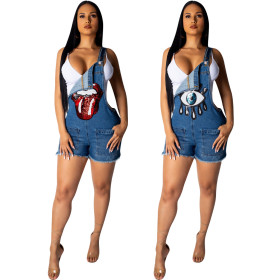 Casual Sequin Jeans Strappy Short Jumpsuit QQM3668