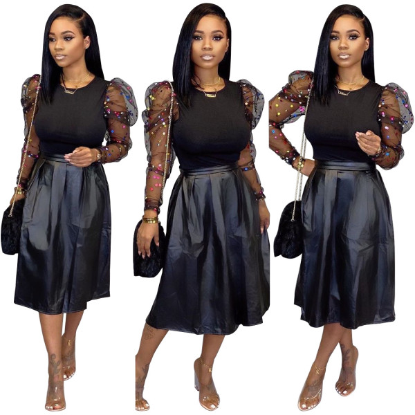 Mesh Sleeves Bodycon T-Shirt Pu Leather Black Skirt Hot Sell Sets SY8402