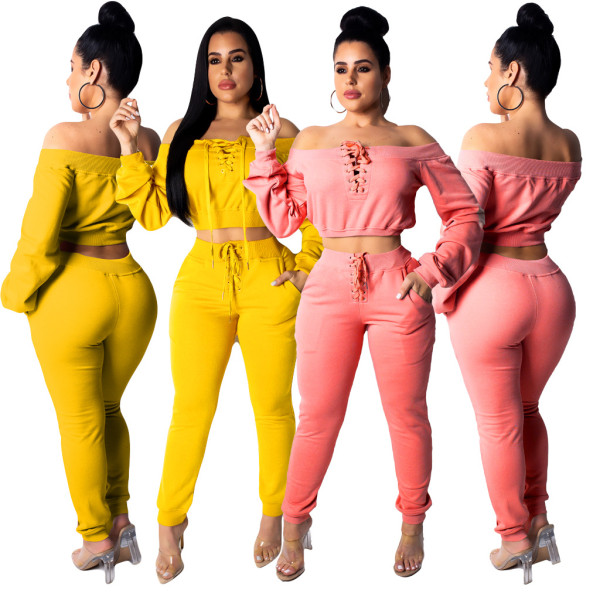 Pure Color Slash Neck Two Pieces Sets AMM8092