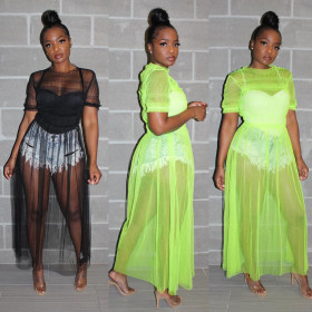 Sexy Clubwear See Through Long Solid Mesh Dress K8776