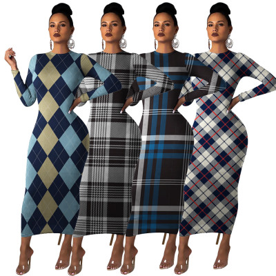 Factory Price Checks Women Casual Bodycon Ankle Length Dress MD286