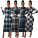 Factory Price Checks Women Casual Bodycon Ankle Length Dress MD286