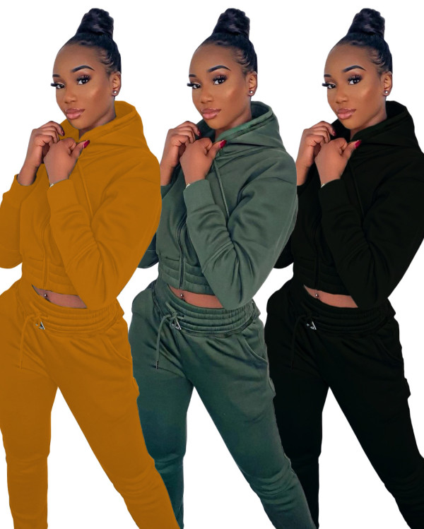 Thicken Hoodie Elastic Waist Pants Solid Color Hiking Outfits LY5113