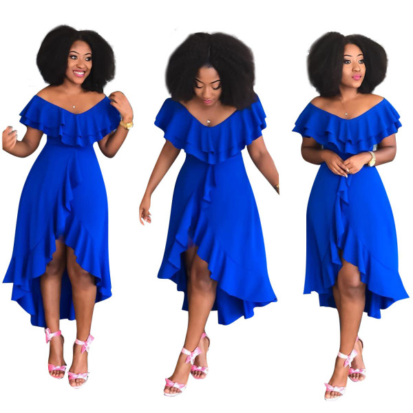 Online Wholesale Solid Color Low-Cut Ruffle Midi Dress W8120