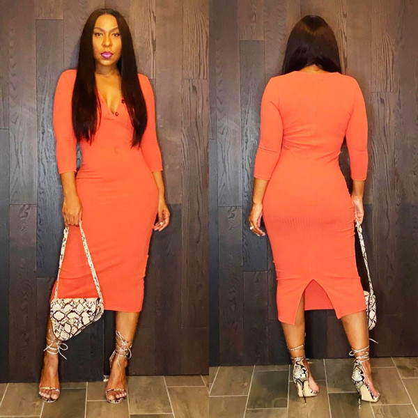Wholesale Fashion Split Long Sleeved Bodycon Orange Dress TZ10855