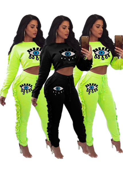 Young Girls Green/Black Eyes Pattern Casual Ruffle Suits ZH5128