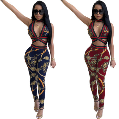 Euramerican Printing Women Suits Bra Top Skinny Pants QZ4023