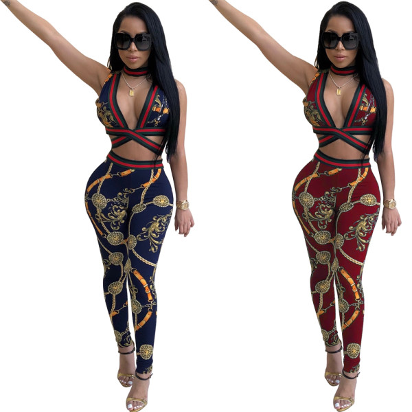 Euramerican Printing Women Suits Bra Top Skinny Pants QZ4023