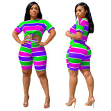 Fashion Striped Printed Round Neck T-Shirt With Shorts Two Piece Suit JLX6870
