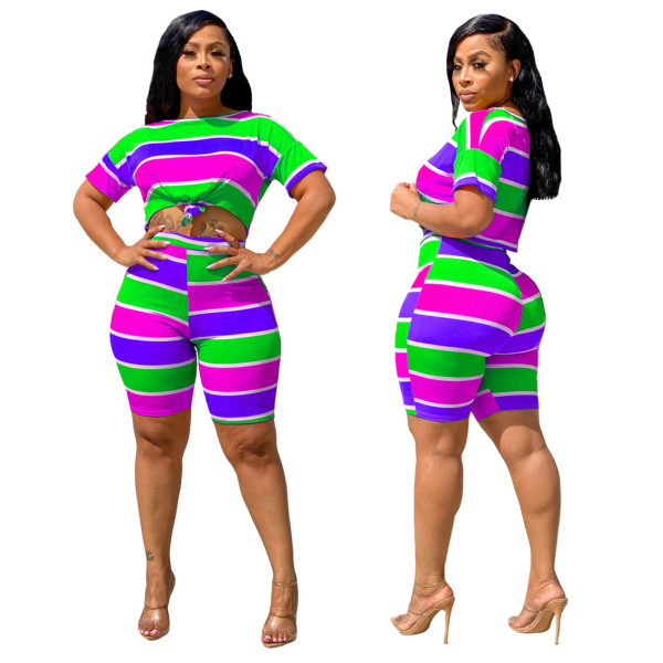 Fashion Striped Printed Round Neck T-Shirt With Shorts Two Piece Suit JLX6870