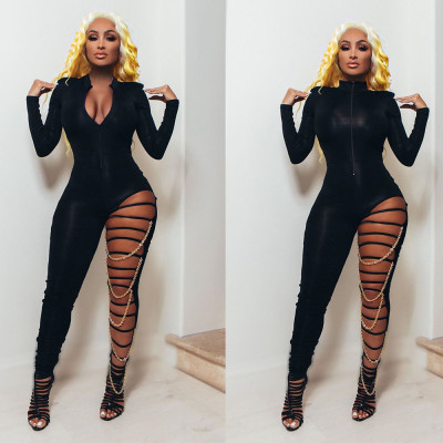 Fashion Solid Color Zipper V-Neck Long Sleeves Hole Bodycon Jumpsuit K2040